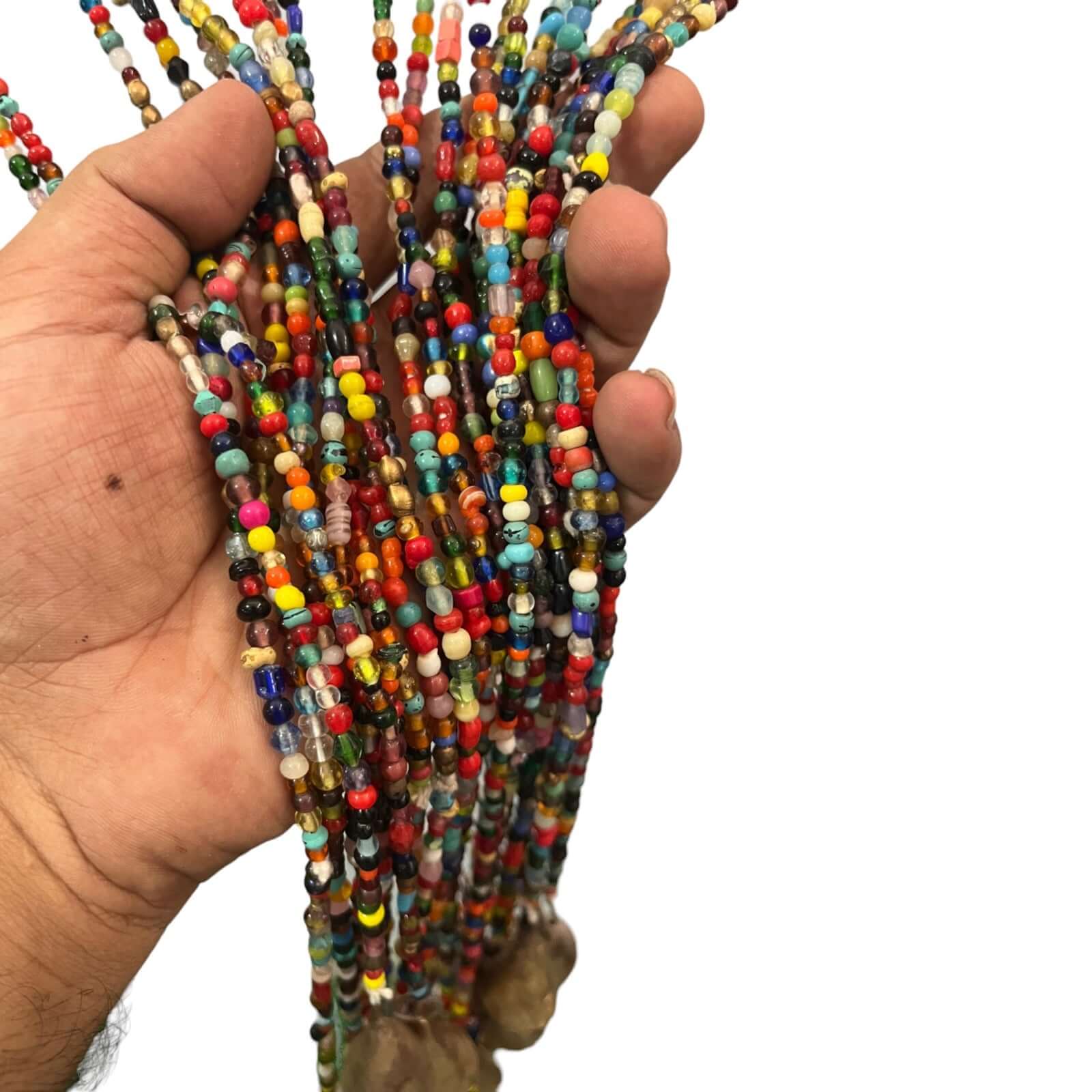 Handmade colorful boho beaded doorway garland with jingle bells, perfect for home decor as hippie curtains.